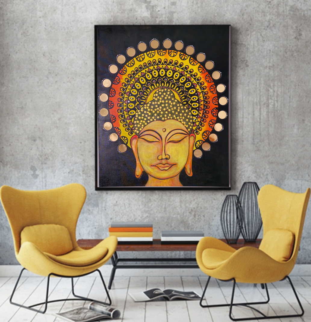Original Acrylic Painted and Hand Drawn Mandala Buddha Wall Paintings